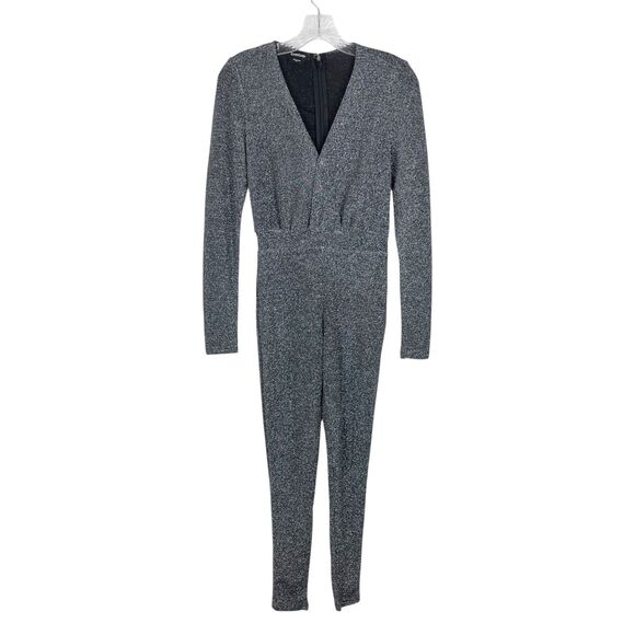 Bebe Jumpsuit Women Extra Small Black Silver Metallic Sparkly Surplice Stretch - Picture 1 of 12